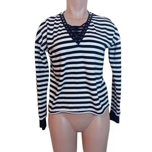 Women's Y2K LiquidX Striped Lace Up V Neck Lightweight Sweater Casual‎ XS READ